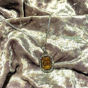 Emerald Cut Golden Topaz Halo Pendant in Silver